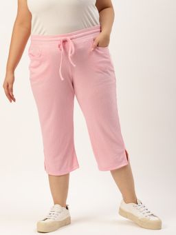 theRebelinme - Plus Size Womens Pink Solid Color Wait Tie-Up Cotton Knitted Capris
