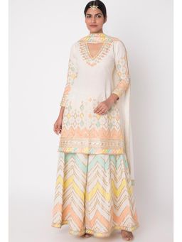 Gopi Vaid - Off White Gota Work Kurta With Sharara & Dupatta - Customisable (Set of 3)