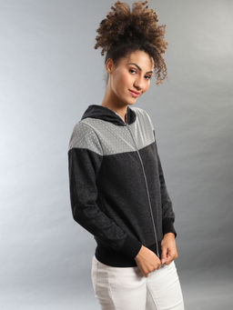Campus Sutra - Grey Women Stylish Zipper Hooded Sweatshirt