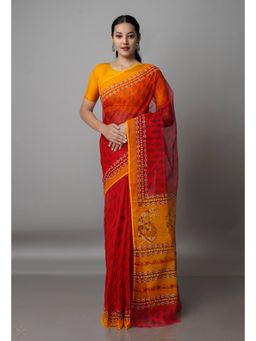 Unnati Silks - Red Pure Block Printed Kota Cotton Saree with Unstitched Blouse