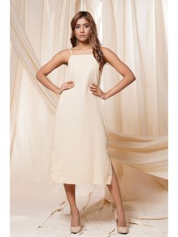 Thread Game - Beige Lusty Linen Back Knotted Solid Spaghetti Dress