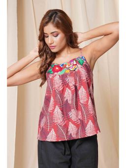 Thread Game - Red Hands-Up In The Sky Hand Embroidered Spaghetti Top