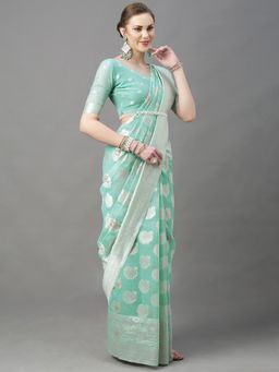 Akhilam - Womens Cotton Silk Sea Green Woven Design Saree with Unstitched Blouse