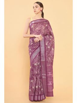 Soch - Women Purple Chanderi Printed Saree with Unstitched Blouse
