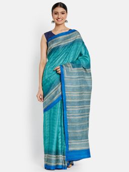 Fabindia - Blue Silk Hand Block Printed Saree without Blouse