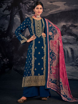 Stylee LIFESTYLE - Navy Blue Pashmina Jacquard Dress Material (Set of 3)