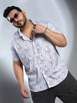 Instafab Plus - Men's Chalk White and Indigo Blue Misty-Textured Shirt