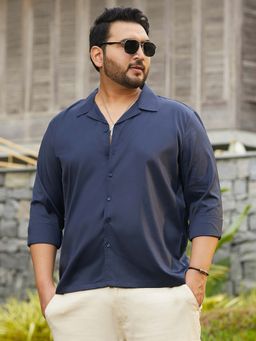 Instafab Plus - Men's Prussian Navy Blue Solid Cuban Shirt