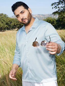 Instafab Plus - Men's Sage Green Solid Cuban Shirt