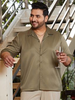 Instafab Plus - Men's Olive Green Solid Cuban Shirt