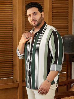 Instafab Plus - Men's Jungle Green and Cream White Multitrack-Striped Shirt