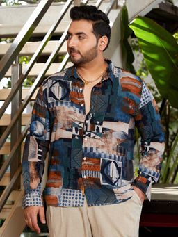 Instafab Plus - Men's Indigo Blue and Coffee Brown Earthy-Abstract Shirt