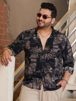 Instafab Plus - Men's Midnight Black Bloom-Imprint Shirt