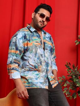 Instafab Plus - Men's Sky Blue and Pumkin Orange Indie-Block Shirt