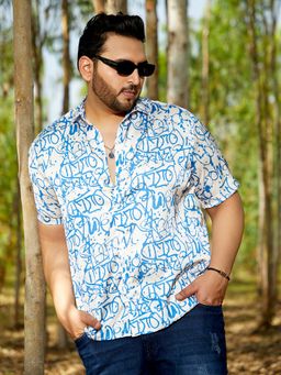 Instafab Plus - Men's Azure Blue and Cream White Graffiti Satin Shirt