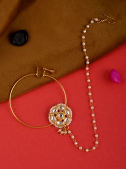 Shoshaa - Gold-Plated White Kundan-Studded Beaded Bridal Nosering With Chain (Set of 2)