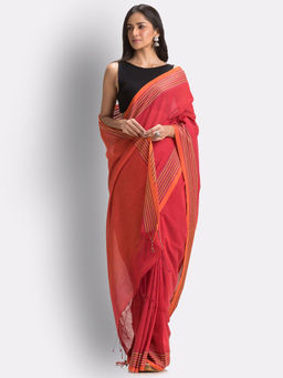 Angoshobha - Brick Red Stripes Molmol Cotton Saree with Unstitched Blouse