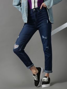 SHOWOFF - Womens Mildly Distressed Slim Fit Navy Blue Denim Jeans