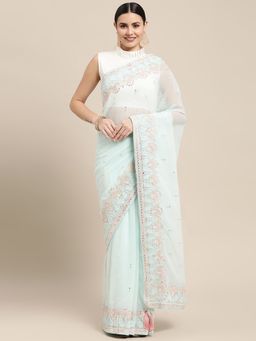 Vastranand - Turquoise Solid Heavy Border Saree with Unstitched Blouse
