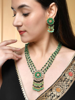 Silvermerc Designs - Handcrafted Green Beaded Lond Layered Kundan Jewellery Set