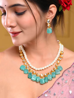 Silvermerc Designs - Long Layered Beaded Kundan With Pearl Jewellery Set