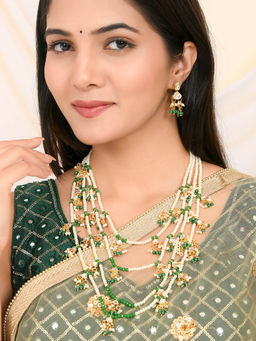 Silvermerc Designs - Long Layered Beaded Kundan With Pearl Jewellery Set