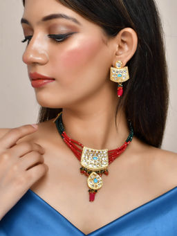 Silvermerc Designs - Red Green Choker Kundan Jewellery Set