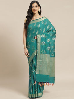 Indethnic - Banarasi Green Woven Design Daily Wear Saree With Unstitched Blouse