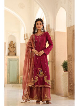 Label Niti Bothra - Wine Riwayat Embroidered Kurta with Palazzo and Dupatta (Set of 3)