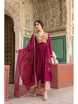 Label Niti Bothra - Wine Riwayat Overlap Angarkha Kurta with Pant and Dupatta (Set of 3)