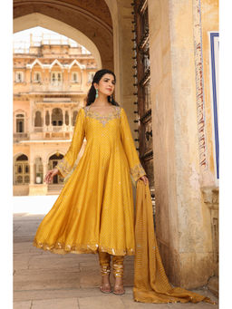 Label Niti Bothra - Yellow Riwayat Printed Anarkali Kurta with Churidar and Dupatta (Set of 3)