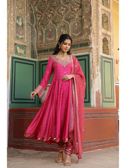 Label Niti Bothra - Pink Riwayat Printed Anarkali Kurta with Churidar and Dupatta (Set of 3)