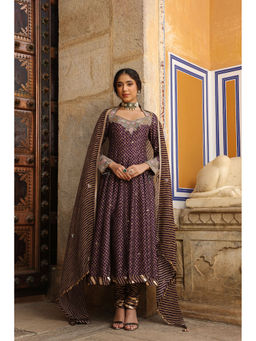 Label Niti Bothra - Brown Riwayat Printed Anarkali Kurta with Churidar and Dupatta (Set of 3)