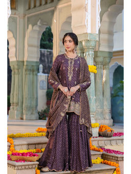 Label Niti Bothra - Purple Riwayat Printed Embroidered Kurti with Sharara and Dupatta (Set of 3)