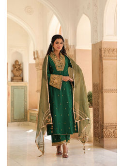 Label Niti Bothra - Green Riwayat V-Neck Kurta with Palazzo and Dupatta (Set of 3)