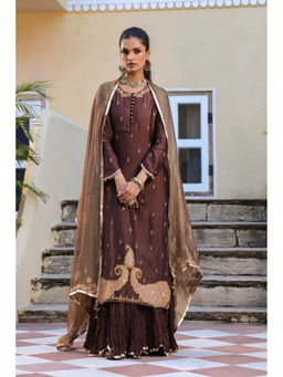 Label Niti Bothra - Brown Riwayat Embroidered Kurta with Skirt and Dupatta (Set of 3)