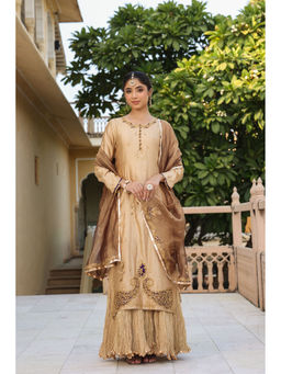 Label Niti Bothra - Beige Riwayat Embroidered Kurta with Skirt and Dupatta (Set of 3)