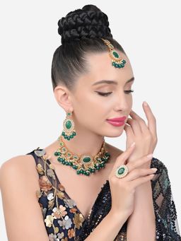 Zaveri Pearls - Green Kundan Choker Necklace Earring Maangtikka & Ring Set-ZPFK15569