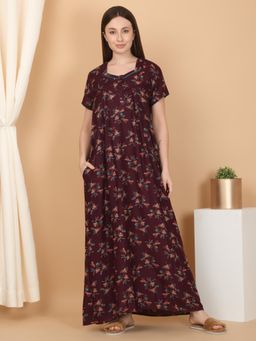 Sweet Dreams - Maroon Women Printed Full Length Nighty
