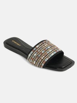 Drop Bold - Black Textured Square Toe Embellished Flats For Women