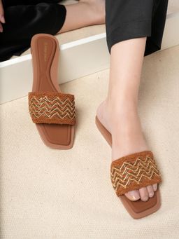 Drop Bold - Tan Textured Square Toe Embellished Flats For Women