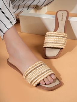 Drop Bold - Beige Textured Square Toe Embellished Flats For Women