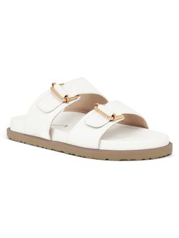 London Rag - Women White Microfiber Buckle Detail Sandals