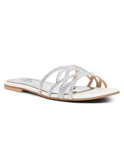 London Rag - Women White Rhinestone-Embellished Slip-On Flats