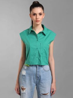 Kazo - Green Sleeveless Boxy Shirt with Zipper Detail