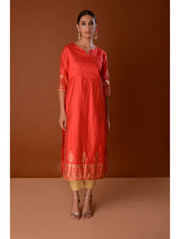 PINKSKY - Red Foil Print Kurta with Pant (Set of 2)