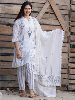 Zuri - White Blue Print Embroidered Silk Kurta with Cotton Pant and Embroidered Dupatta - Set of 3