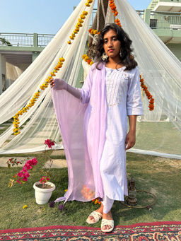 Zuri - Purple Tribal Embroidered Cotton Kurta With Matching Pant And Dupatta