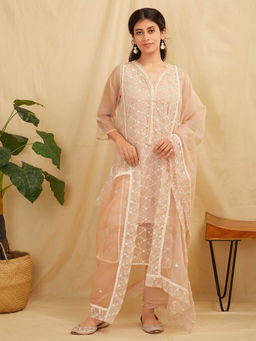 Zuri - Peach Embroidered Organza Suit - Set of 3