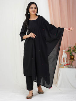 Zuri - Black Tribal Embroidered Cotton Silk Kurta With Matching Pant And Dupatta